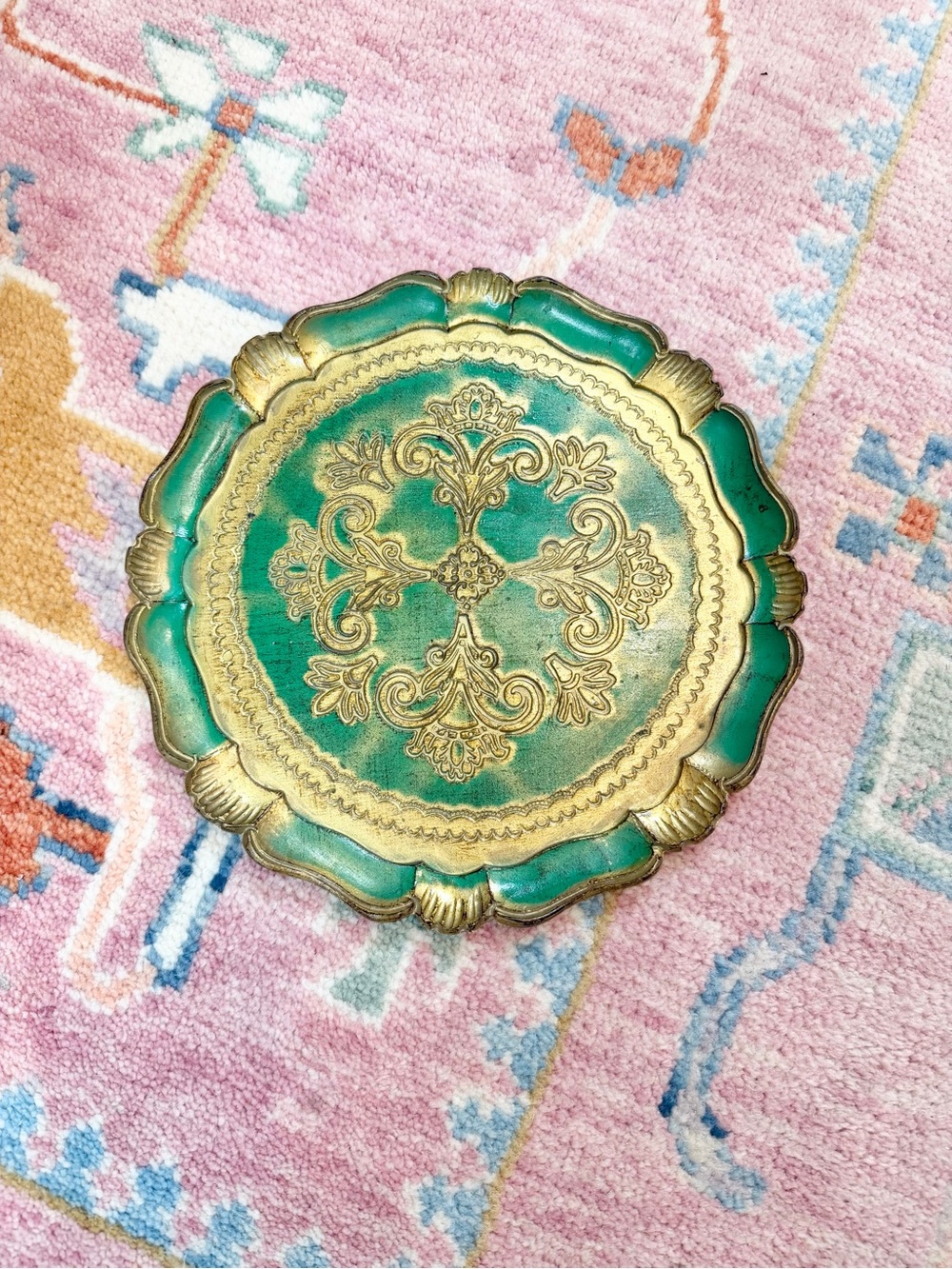 11” Vintage Decorative Florentine Green Accent Tray